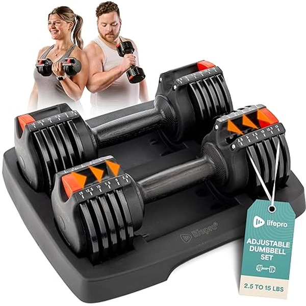Lifepro Adjustable Dumbbell Set - Hand Weights for Women and Men - Dumbbell with Adjustable Weights, 5lb, 10lb, 15lb, 20lb, 25lb