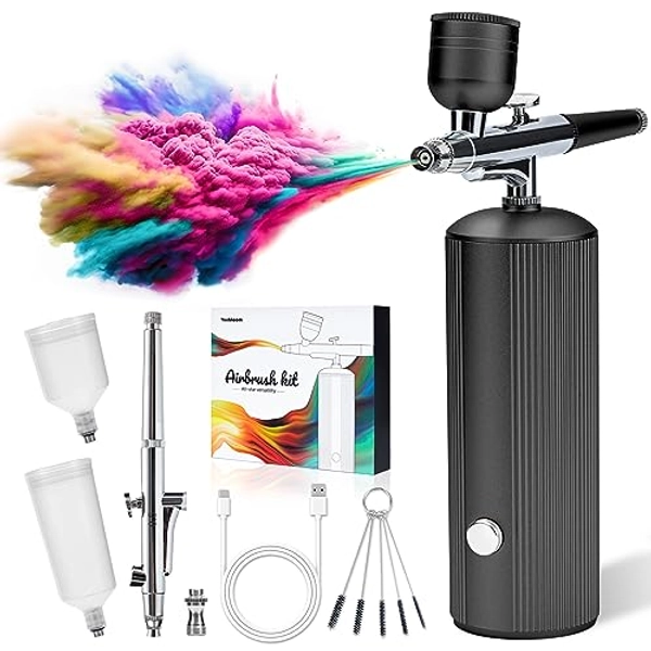 Airbrush Kit with Compressor - 42PSI High-Pressure Non-Clogging Dual Tip Cordless Airbrush Set with 0.3mm and 0.5mm Tips and Cleaning Brush for Nail Art, Makeup, Painting, and Cake Decorating