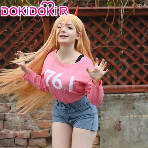 【Ready For Ship】【Size S-3XL】DokiDoki-R Manga Anime Chainsaw Man Cosplay Power Cosplay Costume Casual Wear Chainsawman | Full Set（Pink tops+Jean shorts+Black Vest） / L