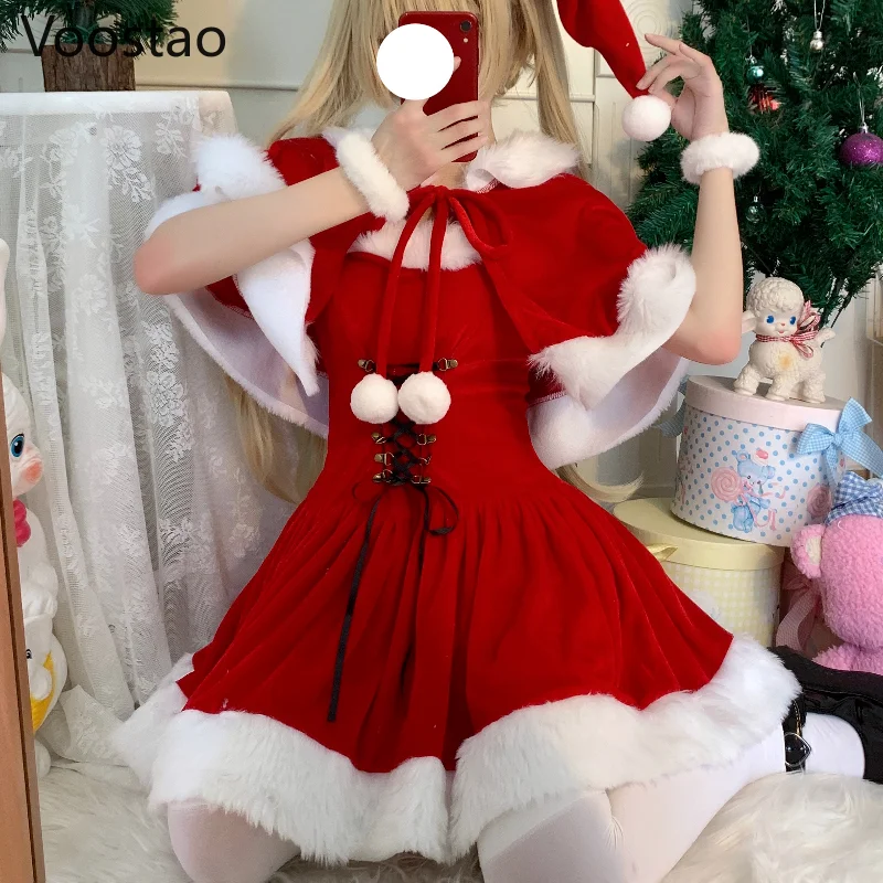 Autunno inverno carino natale scialle rosso abito donna dolce peluche Patchwork coulisse Mini abito femminile mantello Kawaii Vestido - AliExpress 