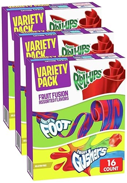 Fruit Roll-Ups, Fruit by the Foot, Gushers, Snacks Variety Pack, 16 ct (Pack of 3)