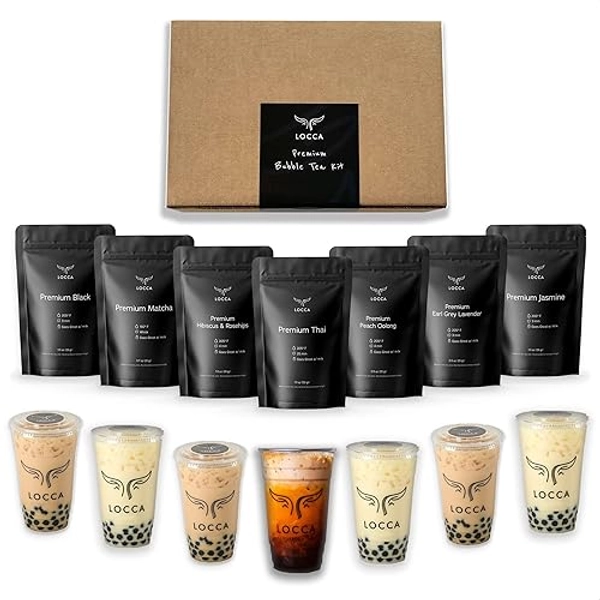 Premium Boba Tea Kit | Locca Boba Party Kit | Bubble Tea Gift Kit | Boba Gift | 56+ Drinks | 7 Boba Flavors | Includes Tapioca Balls and Boba Straws | DIY Food Gift