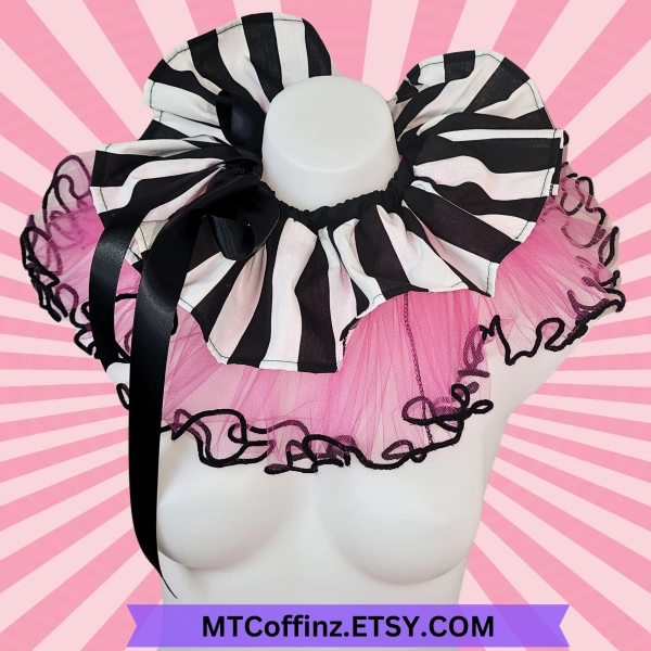 Clown Ruff Clowncore Striped Bubblegum Pink Ruffled Costume Collar Pierrot Cosplay Halloween Circus Theatrical Stage wear Adult Unisex