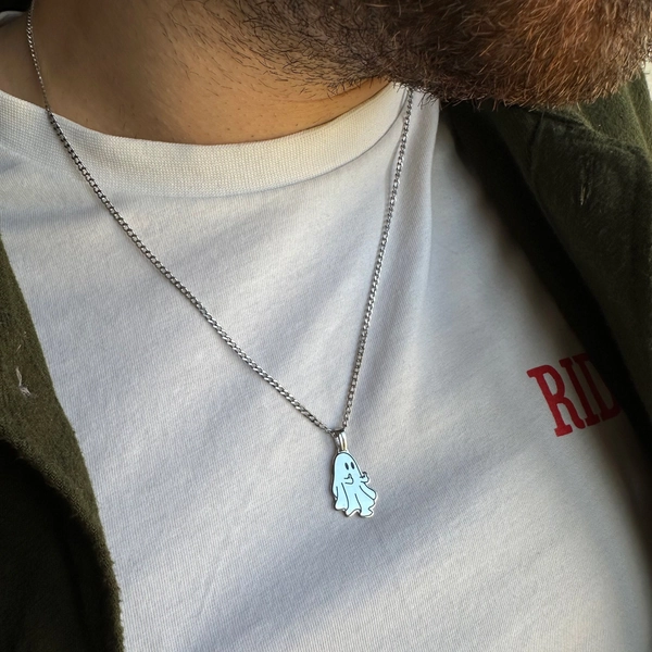 Ghost Middle Finger Necklace, Ghost Pendant, Casper Necklace, Funny Jewelry, Men Silver Necklace, Gift For Her