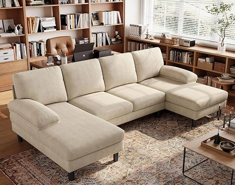 LINSY HOME Sectional Couch, 111'' W Corduroy U Shaped Sofa with Sleepable Armrests, 4 Seat Couch with Double Chaises, Deep Sofa for Living Room, Beige