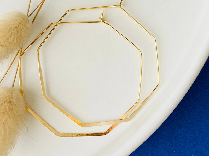 2 Hexagonal Creoles, Ring, Flattened, Earring Holder, 18k Gold Plated Brass, Gold Plated, 50mm, Set of 2 Pieces