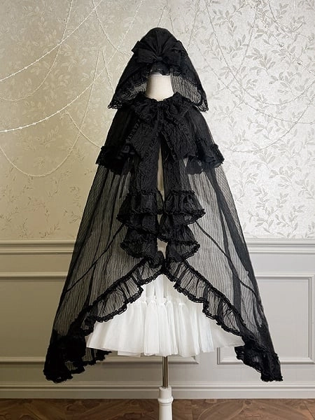 [$92.00]Black Self-tie Big Bow Neckline Cloak