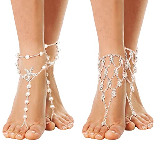 Cosweet 2 Pairs Barefoot Sandals- Beach Anklet Chain with Starfish for Women Lady's Beach Wedding Foot Jewelry Party Accessories - rhinestone+seastar