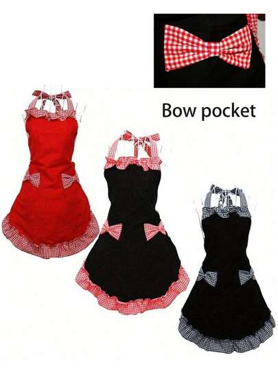 1pc Adjustable, Vintage Cute Kitchen Apron For Women, Bow Pocket Maid Uniform Apron, Ruffle Hem Cleaning Cooking Apron