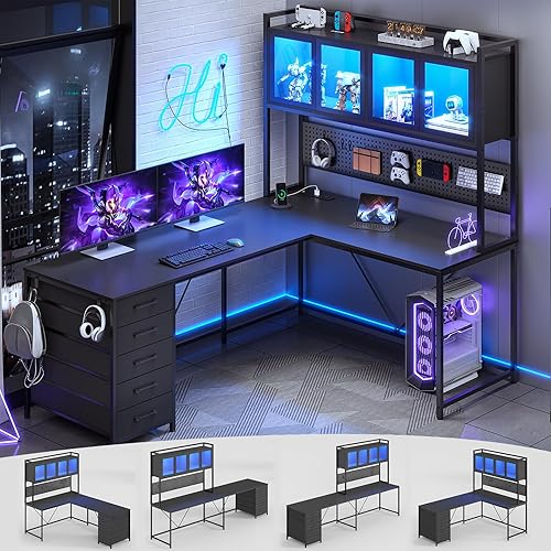 SEDETA L Shaped Gaming Desk with Drawers, L Shaped Computer Desk with Hutch and Storage Shelves, Gaming Desk with Pegboard, Led Lights, and Power Outlet, Home Office Desk, Corner Desk, Black - Black