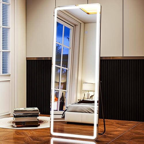 XRAMFY LED Rectangular Corner White Full Length Mirror - 21“ x 64” Brightness Adjustable, Touch Screen Control, Wall Mounted or Freestanding, for Bedroom Living Room Cloakroom Dressing Mirror - Round Corner - 64"L x 21"W
