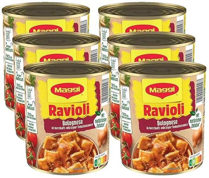 MAGGI Ravioli Bolognese, leckeres Fertiggericht mit würzigem Fleisch, für Topf & Mikrowelle, ideales Festival-Essen, 6er Pack (6 x 800g)