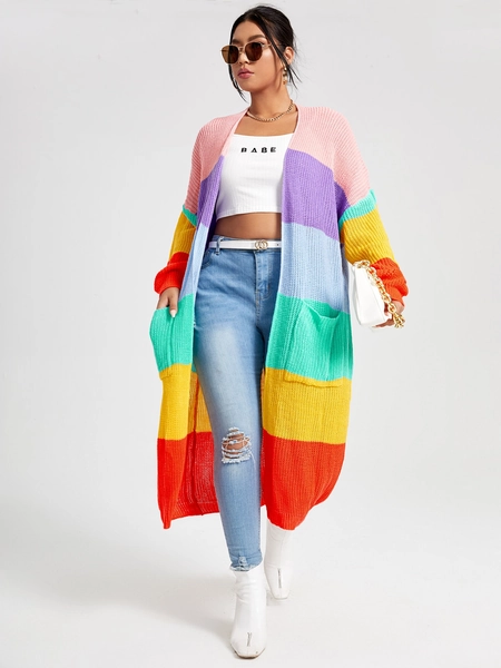 SHEIN MOOSTA Plus Rainbow Striped Pattern Dual Pockets Cardigan, For Winter