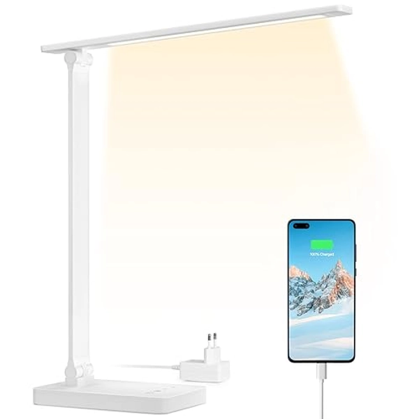 Lepro Lampada da Tavolo LED 15W, Lampada da Scrivania USB Ricaricabile, 3 Colori e 5 Livelli di Luminosità, Dimmerabile, 655LM Luce da Lettura Protezione degli Occhi per Ufficio, Camera