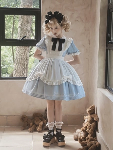 [$57.00]Alice in Wonderland Sax Blue Maid Dress with White Apron