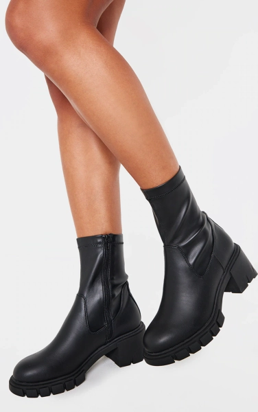 Black PU Round Toe Chunky Sole Sock Boots