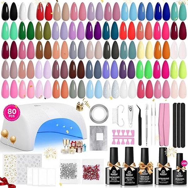 Beetles Gel Nail Polish Kit with U V Light 80Pcs Color Enchantment 55 Colors Gel Polish Starter Kit with Base Top Coat Nail Art Stickers All Season Gel Nail Polish Set Manicure Tools Gifts for Women
