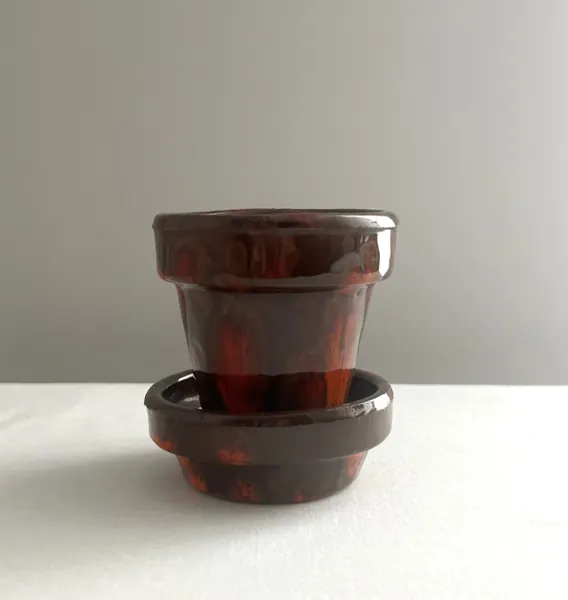 Vintage 2PC Garden Planter Pot Made in Italy Orange & Brown Drip Glazed Hand Painted Mini Flower Pot