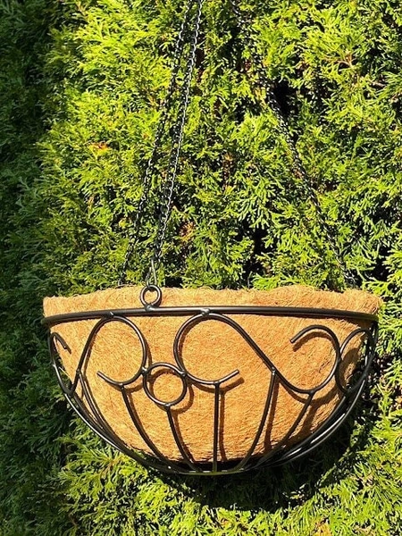 Metal Scroll 14&quot; Hanging Basket Planter - Black Scroll Victorian Design Patio Flowers Plants Herbs Container