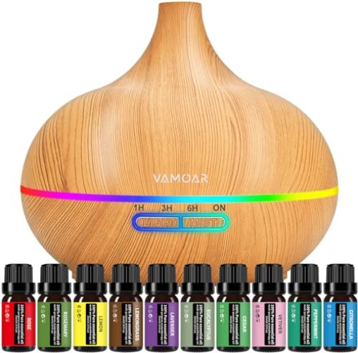 Ultrasonic Essential Oil Diffusers，550ml Diffuser Gift Set & Top 10 Essential Oils, Aromatherapy Diffuser Humidifier with 4 Timer &Auto Shut-Off for & 15 Ambient Light - Wood Grain
