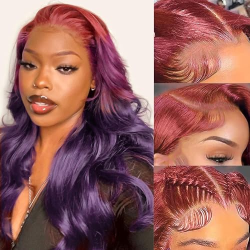 Colorful Bird Pink to Purple Lace Front Wig Human Hair Body Wave Glueless 13x4 Hd Lace Ombre Purple Lace Frontal Wig with Baby Hair Dark Purple Wig Human Hair Pre Plucked 180% Density 18 Inch - 18 Inch - Pink to Purple Lace front wig