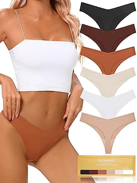 tichers Seamless Thongs for Women No Show Thong V-waisted Stretch Breathable Sexy Panties Underwear 6 Pack