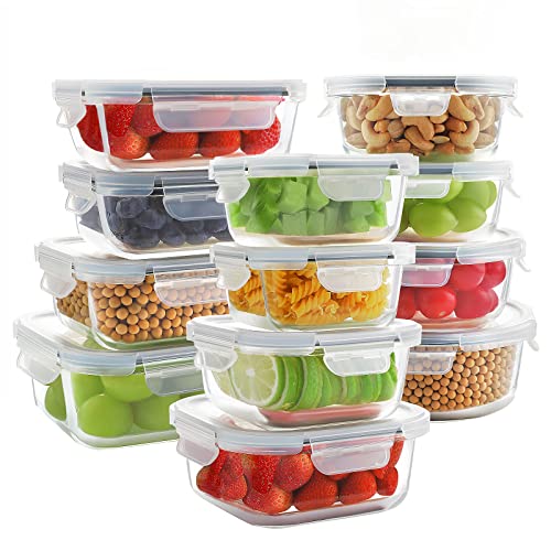 Bayco 24 Piece Glass Food Storage Containers with Lids, Glass Meal Prep Containers, Airtight Glass Lunch Bento Boxes, BPA Free & Leak Proof (12 lids & 12 Containers) - Grey