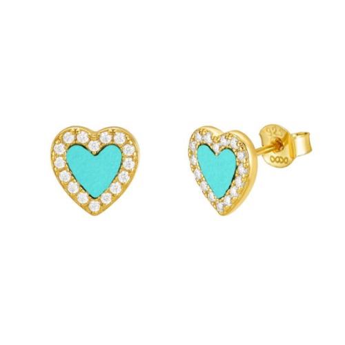 Turquoise Halo Heart Stud Earrings/18K Yellow Gold