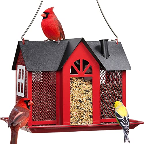 Kingsyard Bird Feeder House for Outside, Metal Mesh Wild Bird Feeder with Triple Feeders for Finch Cardinal Chickadee, Large Capacity, Weatherproof and Durable, Red - Red