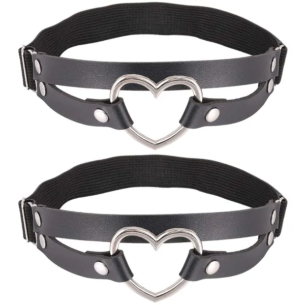 FM FM42 Multicolor PU Simulated Leather Women's Gothic Double Straps Heart O Ring Leg Thigh Elastic Garter Belt, One Pair