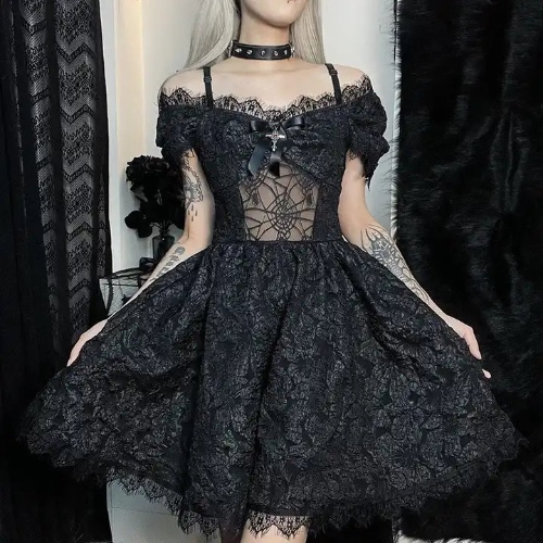 Gothic Lace Dress - Black / S