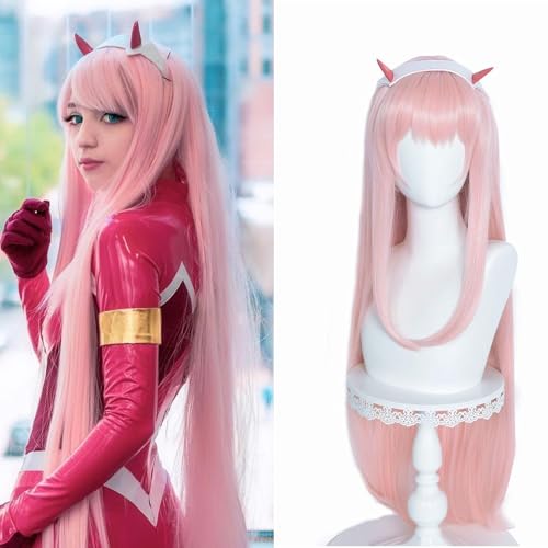 LABEAUTÉ Pink Wig Pastel Pink Wig for Women Long Straight Hot Pink Anime Cosplay Wig with Horn-39 Inch - Pink with horns