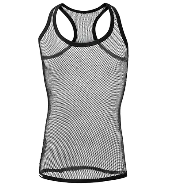 Juflam Men's Fishnet See Through Tank Top Muscle Workout T Shirt Mesh Transparent Tees Top