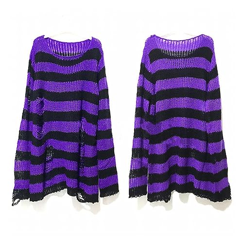 New Punk Gothic Long Unisex Sweater Summer Women Striped Cool Hollow Out Hole Broken Jumper Loose Rock Thin Dark Streetwear Top.-Purple-One Size - Purple - One Size