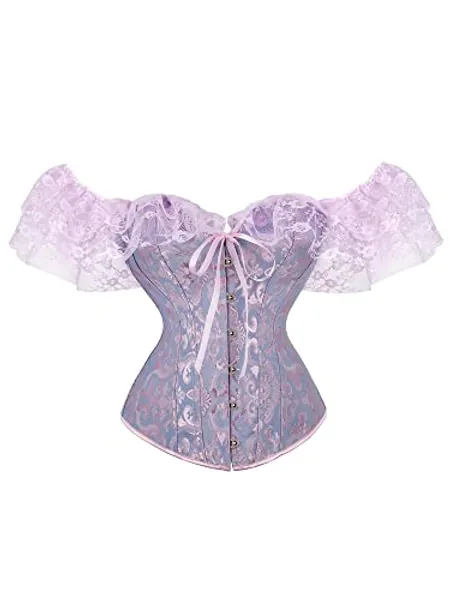 Achlibe Women Plus Size Princess Renaissance Corset Top Lace Sleeves Overbust Top Waist Training Halloween Costume - M - A-a-Purple