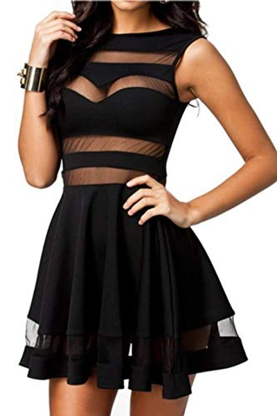 ZEAGOO Women Sexy Club Dress Mesh See Through Sleeveless A-Line Swing Party Cocktail Dress - M - Black