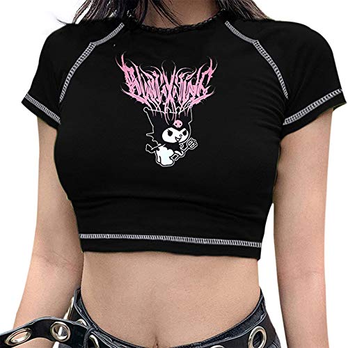 Women's Gothic Graphic Print Crop T-Shirt Tops Short Sleeve Tee Crewneck Kawaii Y2K E-Girl Tops Blouse (A-Black - L - A-black