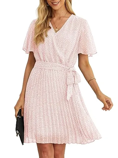 GRECERELLE Womens Summer Casual Wrap Dress Chiffon Cute Pleated Beach Tie Waist Dresses for Women - M - 12 Pd Light Pink