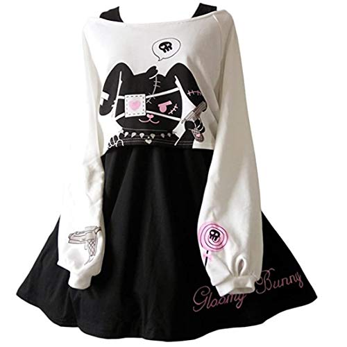 Women Girls Dresses Kawaii Rabbit Print 2 Pieces Japanese Fancy Dress Black White Cotton - 12 - Black