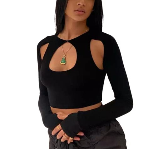 Persepolis Women's Cut Out Top with Long Sleeves Hollow Out Crop Top y2k Summer Fashion - M - Black