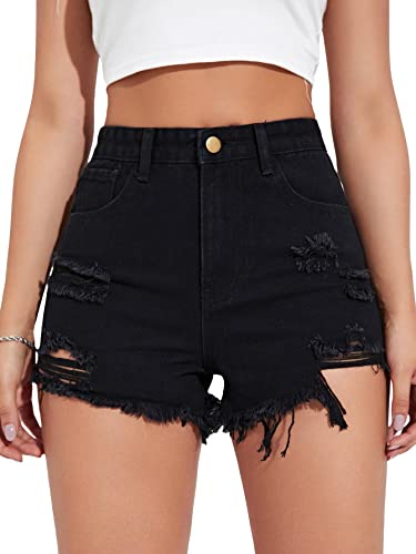 GORGLITTER Women's High Waist Ripped Raw Trim Denim Shorts Summer Straight Leg Jean Shorts with Pockets - L - Black