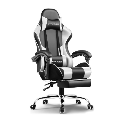 GTPLAYER #1USA Gaming Chair with Massageable Cushion and Footrest, Office Chair for Study Table, Adjustable Swivel Chair with Lumbar Support, Headrest, Ergonomic Design for Office or Gaming (White) - White