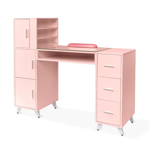 OmySalon Manicure Table Nail Desk for Nail Tech w/Glass Top & Wrist Rest, Beauty Salon Nail Supplies Decor Workstation Acetone Resistant w/3 Side Cabinet+3 Drawers+3 Layers Open Cabinet+1 Open Drawer - Pink