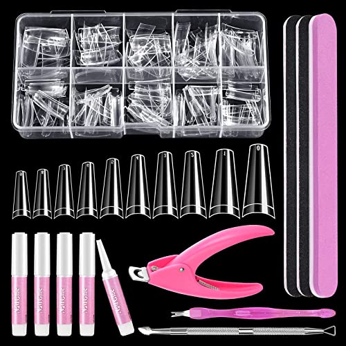 Clear Coffin Nail Tips Set, MORGLES 500pcs Long Nail Tips for Acrylic Nails Professional Half Cover Ballerina French Nail Tips Fake Nails Kit with Nail Glue, Clipper, Files, Cuticle Pusher and Fork - Coffin Nail Tips-Clear
