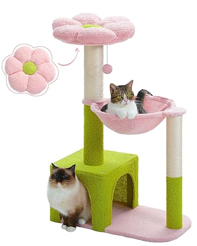 MUTTROS Flower Cat Tree with Large Metal Frame Hammock, 35" Pink Cat Tower with Sisal Scratching Posts for Small Indoor Cats, Cat Condo with Blue Top Perch for Kittens, Fluffy Ball, Pink - 35“ Upgraded Flower Cat Tree - Flower Pink
