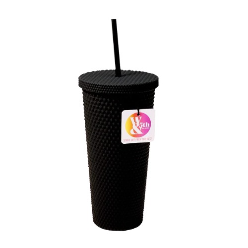Matte Studded Tumbler with Lid & Straw, Reusable BPA Free Plastic Water Bottle, Travel Friendly Water/ Iced Coffee/ Cold Brew/ Smoothie Textured Cold Cup, 24oz (Black) - Black