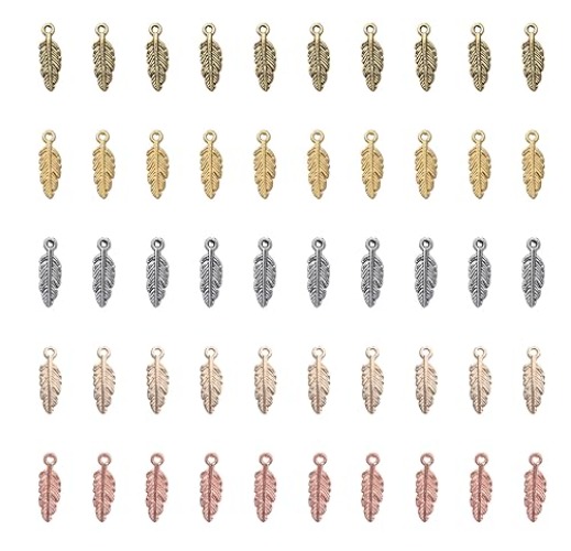 Ruwado 50 Pcs Feather Charms Small Alloy 1.5 x 0.5 cm Cute Vintage Pendants Accessories for Jewelry Making Necklace Bracelet DIY Finding Kits Earring Crafting Scrapbooking - Colorful