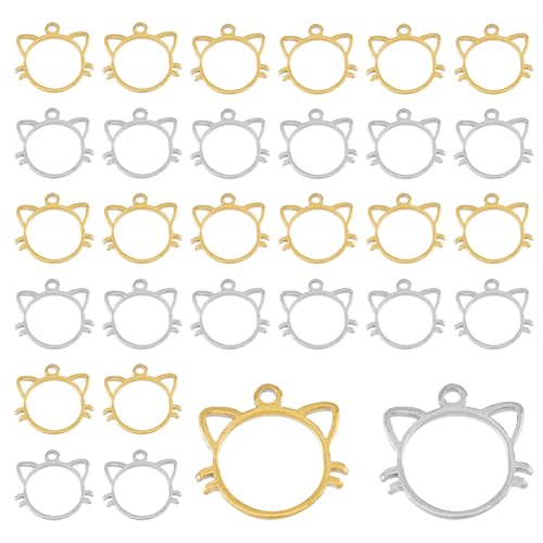 DICOSMETIC 20Pcs 2 Colors Open Back Bezel Pendants Cat Head Jewelry Molds for Epoxy Resin Crafts Small Cat Hollow Frame Charms Stainless Steel Charms for Jewelry Making, Hole: 1mm