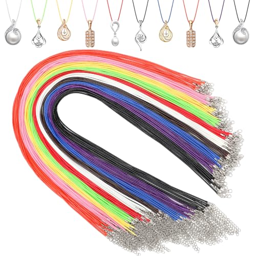 Ecation 100 Pcs 24 Inch Waxed Leather Necklace Cord Bulk with Clasp 10 Colors String Chain Necklace Rope 2 mm Colorful String Bracelet for Beads Pendant Crystal Charms DIY Jewelry Making Supplies