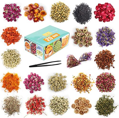 20 Bags Dried Flowers,100% Natural Dried Flowers Herbs Kit for Soap Making, DIY Candle Making,Bath - Include Rose Petals,Lavender,Don't Forget Me,Lilium,Jasmine,Rosebudsand More - 20 bags*10g